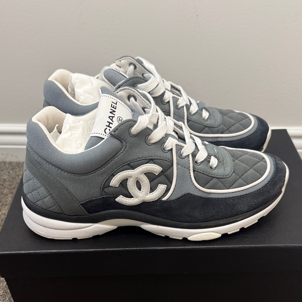 CHANEL Gray Quilted Suede & Leather CC Logo Sneakers